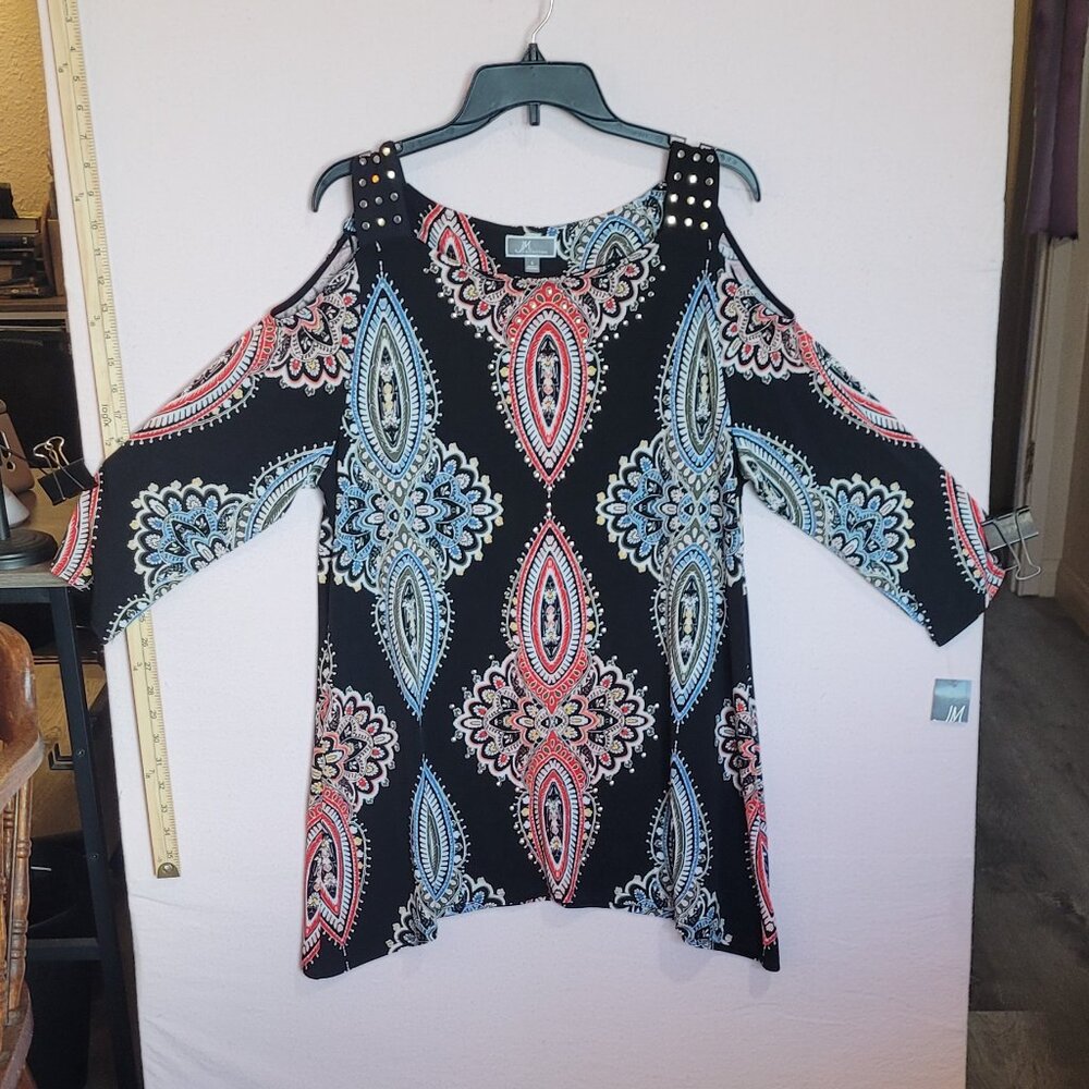 NWT Wmns Tunic Blouse Sz Lrg Open Shoulder 3/4 Sleeve Black AOP "Summer Shine"